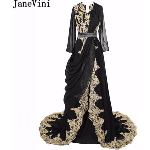 JaneVini Arabic Long Sleeve Women Prom Dress With Gold Lace Elegant Long Burgundy Bridesmaid Dresses Caftan Dubai Formal Gowns