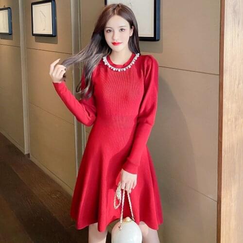 Women Elastic Knitted Dress Retro Puff Sleeve Beading O-Neck A-Line Dresses Autumn Winter Korean Sweater Dress