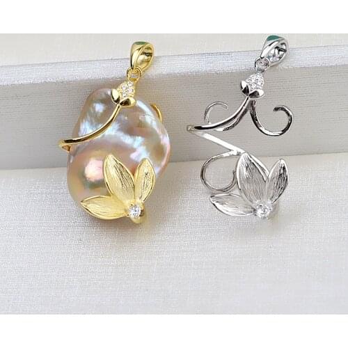 3Pcs/Lot Leaf Flower Pendant Holder For Baroque Pearl S925 Sterling Silver Pendant Settings DIY Jewelry FIndings