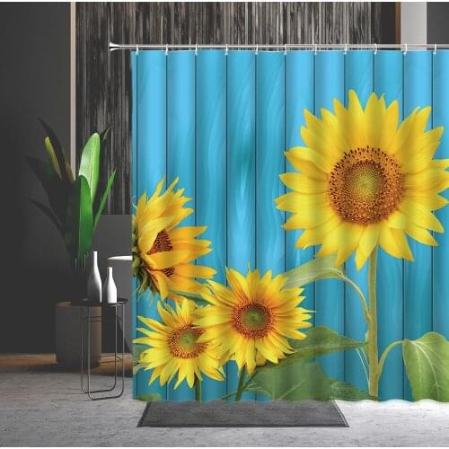 Vibrant Sunflower Shower Curtains Yellow Flowers Wood Grain Background Pattern Bathtub Decorative Hanging Curtain Multiple Size
