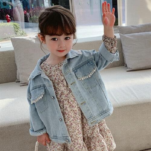 2021 Kids Clothes Girls Denim Jacket for Childrens Clothing Spring Autumn New Pearl Coat Floral Dress Baby Boy Outfit Girl Sets