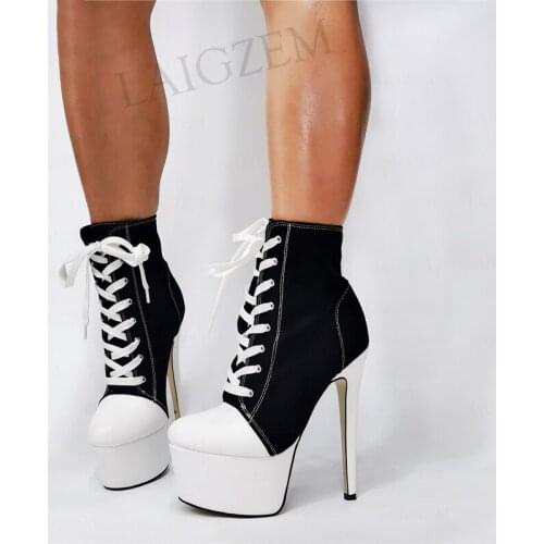 DOBANER Women Ankle Platform Canvas Boots Lace Up High Heels Booties Frauen Stiefel Ladies Shoes Woman Plus Size 43 44 50 52