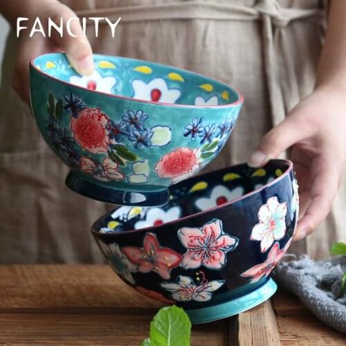 FANCITY Hand-painted ceramic tableware American country large noodle bowl soup bowl salad bowl topped rice bowl underglaze