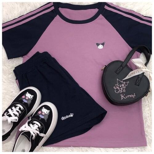 Original Design Cute Girl Women Purple Black Patchwork Summer Sports Set White Short Sleeve T-Shirt & Shorts
