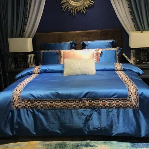 4pcs Queen King Luxury Royal Bedding Set 100S Egyptian Cotton 500TC Silky Bed sheet set Embroidery Duvet cover Pillowcase blue