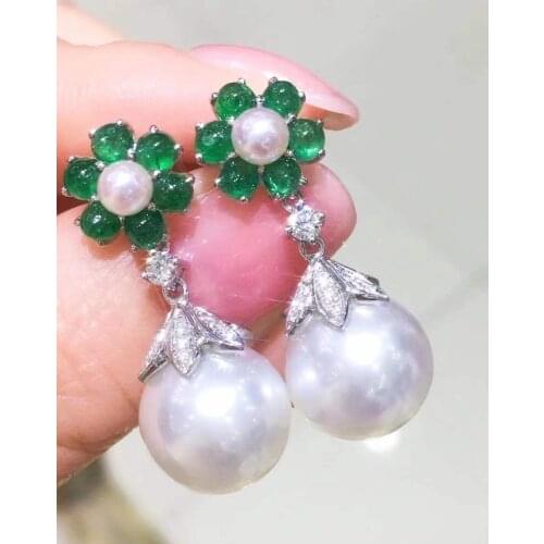 M215 Solid 925 Sterling Silver Round 10-11mm Nature Fresh Water White Pearls Drop Dangle Earrings for Women Fine Presents