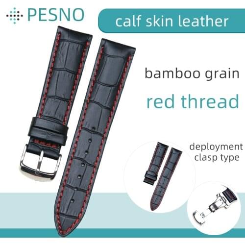 PESNO Fasionable Black with Red Thread Cow Hide Leather Watch Accessories Straps Calf Skin Watch Bands for Men