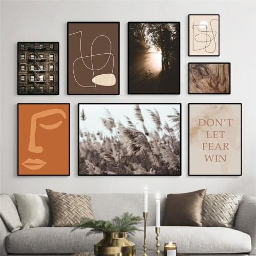 Canvas Painting Forest Field Abstract Wall Art Brown Line Quotes Nordic Posters and Prints Wall Pictures for Living Room Decor