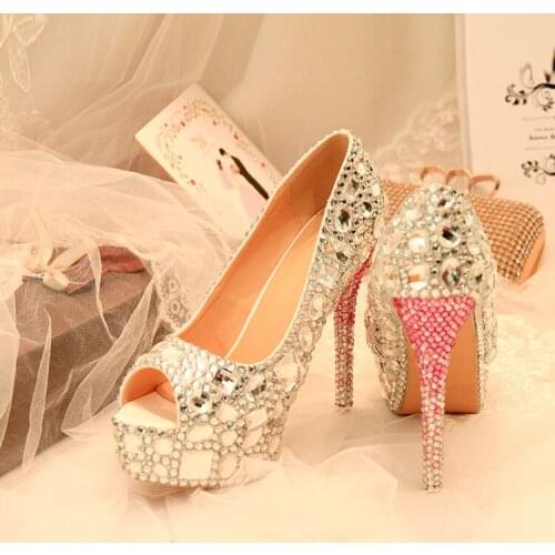 New arrival real leather Luxury crystal Bride Wedding shoes women super High shoes woman Rhinestone platform shoes Ladies party