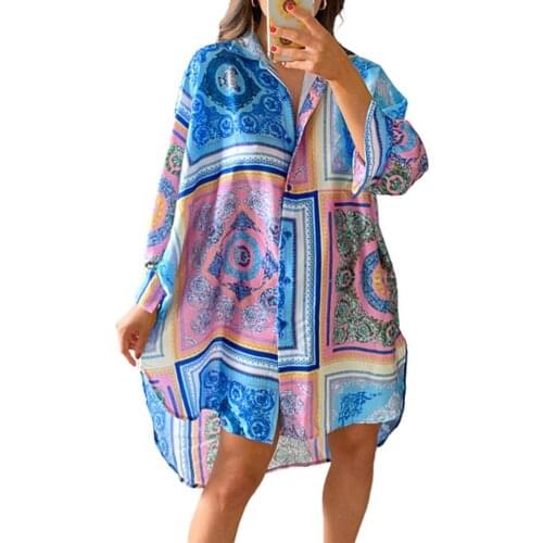 New Autumn Women T-Shirts Long Sleeve Print Turn-down Collar T Shirts Plus Size Summer UV Protection Loose Beach Tops