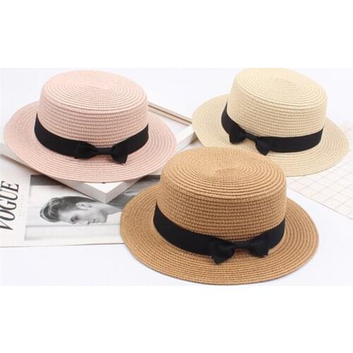 Simple summer parent-child beach hat ladies casual panama hat ladies brand ladies flat brim bowknot straw hat girl sun hat cap