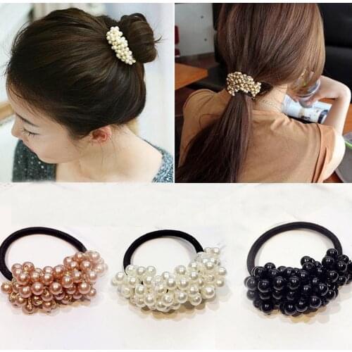 Women Hair Accessories Pearls Beads Headbands Ponytail Holder Girls Scrunchies Vintage Elastic Hair Bands Rubber Rope Headdress