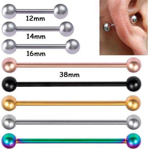 10pcs Stainless Steel Long Ear Stud Industrial Barbell Ring Tongue Nipple Bar Piercing 1.6MM Tragus Helix Women Body Jewelry 14G