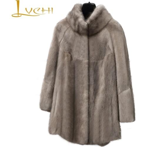 LVCHI Winter 2019 Real Mink Fur Coats Womens Long Sleeve Grey Mink Coat Full Pelt Mandarin Collar Causal Medium Slim Mink Coats