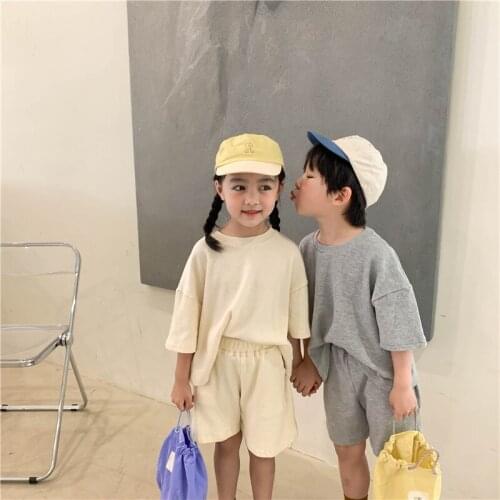 Summer Solid Color Loose Unisex Short Sleeve Sports Sets Boys and Girls Cotton Soft Tracksuits Children 2pcs Sets