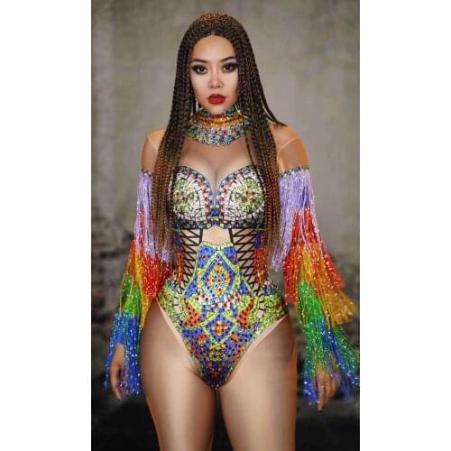 DJ Sexy Singer Dancer Dance Costume Sexy Tassel Glisten Crystals Bodysuit Fringe Sleeve Rhinestones Tights Stage Wear Bar