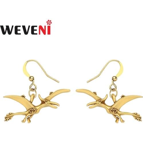 WEVENI Metal Antique Gold Plated Flying Pterosaur Dinosaur Earrings Long Drop Dangle Jewelry For Women Girls Unique Party Gifts