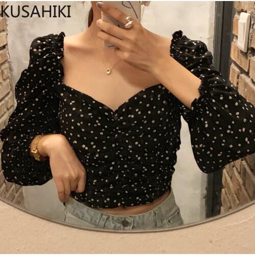 KUSAHIKI Crop Top Floral Women Blouses Korean Puff Sleeve Square Collar Shirts Autumn 2021 New Fashion Blusa Feminina 6L736