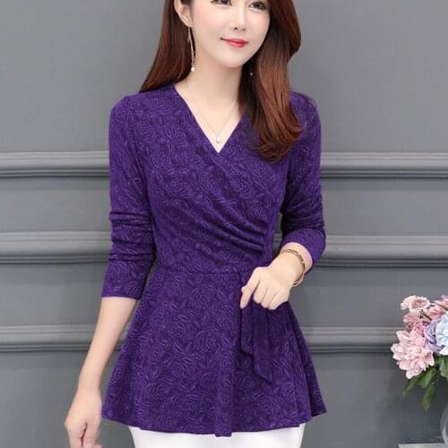 V-neck Purple Red Flowers Blouses Shirt Casual Slim Fit Bottom Women Top Long Sleeve 2021 New Plus Size Blusa Feminina
