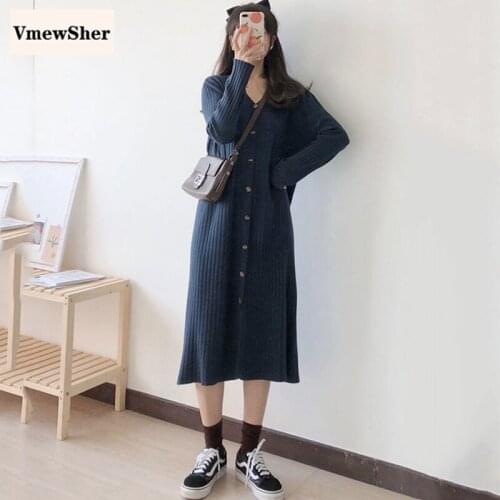 VmewSher New Autumn Spring Women Knitted Cardigan Dress Fashion Long Sweater Solid Lady Elegant V-neck Single Breasted Dresses