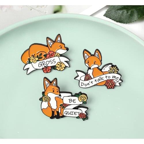 Animal Fox Be quiet Brooches Cartoon Don't talk to me Woodland Foxes Enamel Pins Badges Clothes Lapel Jewelry Gifts Bijoux