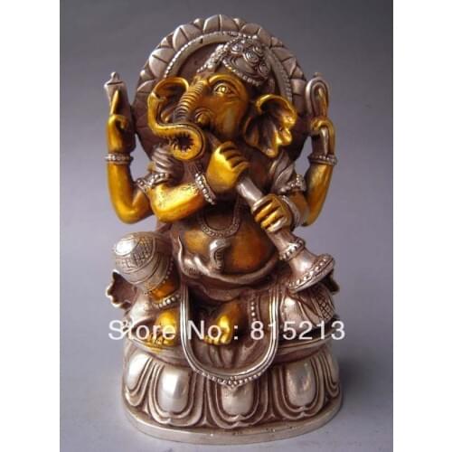 Free Shipping wang 00090 Tibet Gilt Silver Bronze Elephant Headed God Ganesh Statue