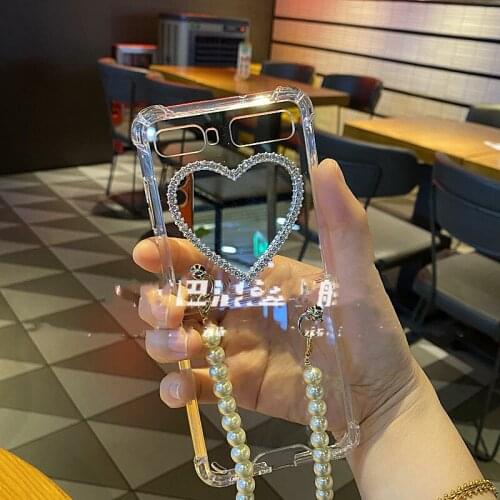 Fashion Diamond Love Heart Mirror case Cover For Samsung Galaxy Z Flip 5G 4G 3 Shockproof Clear Case Cover With Pearl Hand Chain