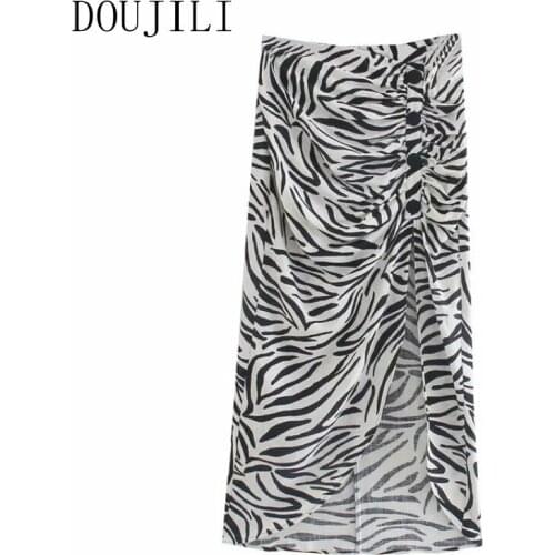 DOUJILI Long Skirts Zebra Texture Printing High Waist Side Open Pleated Black Buttons Fashion Women Skirts