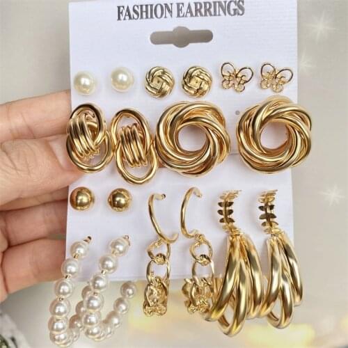 EN Vintage Geometric Gold Metal Earrings Set For Women Punk Pearl Dangle Drop Earrings 2021 Trend Set of Earrings Jewelry