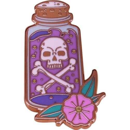 Purple Liquid In Glass Jar Skeleon Enamel Brooch Flower Leaf Inspired Badge
