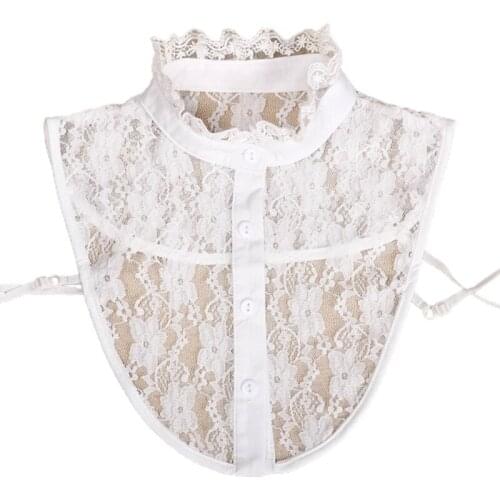 Korean Women Decorative Ruffles Stand False Fake Collar Dickey Sweet Hollow Out Sheer Floral Lace Button Down White Detachable H