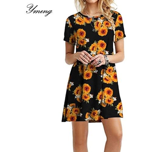 YMING Summer Women Dress Floral Printed Vestidos Beach Party Dresses Plus Size Dress Casual Office Dresses Woman Clothes