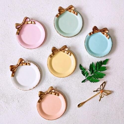 Mini Creative Coaster Dessert Plate Round Bow Jewelry Plate Decorative Decoration Crafts Plate Korean Retro Tray Home Decorative