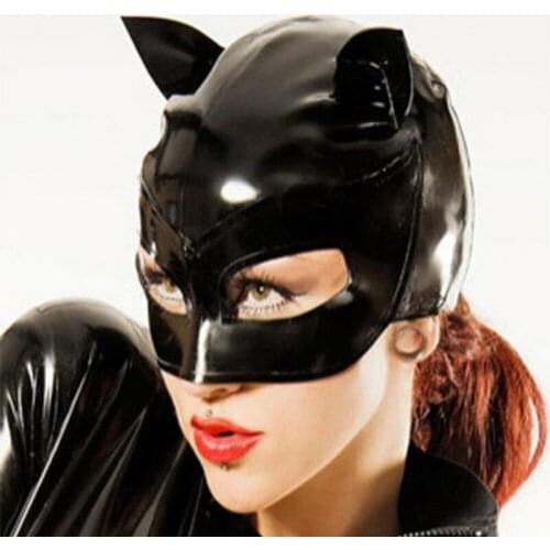 Half Face Latex Hoods with Double Cat Ears Rubber Uniform Mask Club Wear Costume erotic adult toys