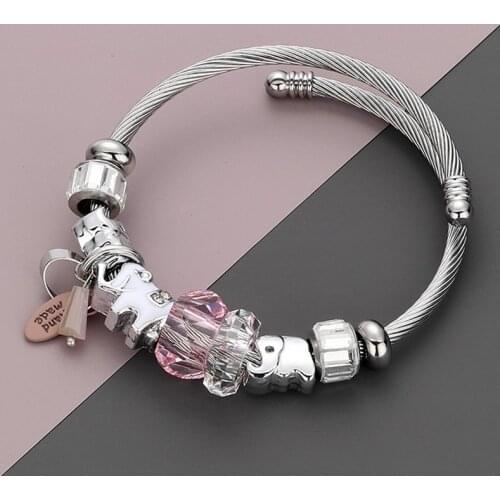 RAVIMOUR DIY Bracelets Bangles Women Jewelry Fashion Elephant Cuff Bracelet Femme Acrylic Bead Steel Chain Pulseiras Bijoux 2018