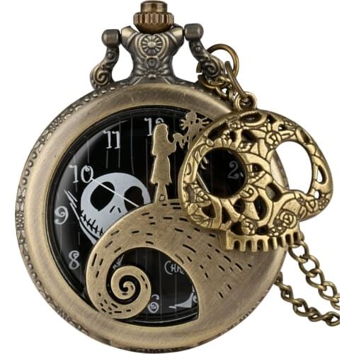 Retro Tim Burton The Nightmare Before Christmas Quartz Pocket Watch Jack Skellington Necklace Pendant Skull Watch with Accessory
