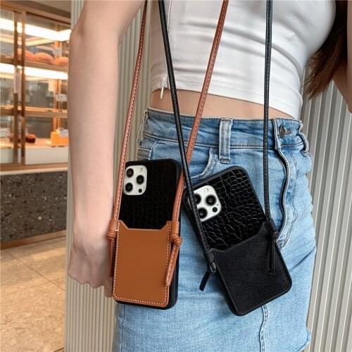 Luxury Shoulder Strap Crocodile PU Leather Case for iPhone 12 11 Pro XS Max XR X 7 8 Plus SE2 Necklace Lanyard Card Holder Cover
