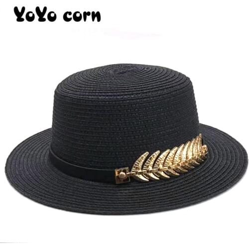 Vacation Panama straw cap women brim Beach hat Foldable Chapeau Ladies shade Black belt with golden leaves Summer unisex sun hat