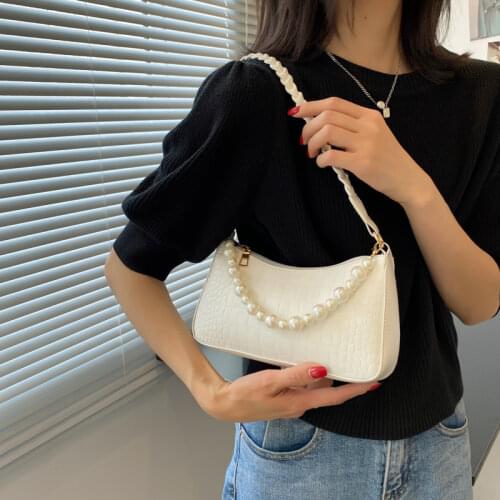 PU Leather Shoulder Bags for Women Retro Design Ladies Small Purse Handbags Pearl Chain Strap Female Solid Color Underarm Bag
