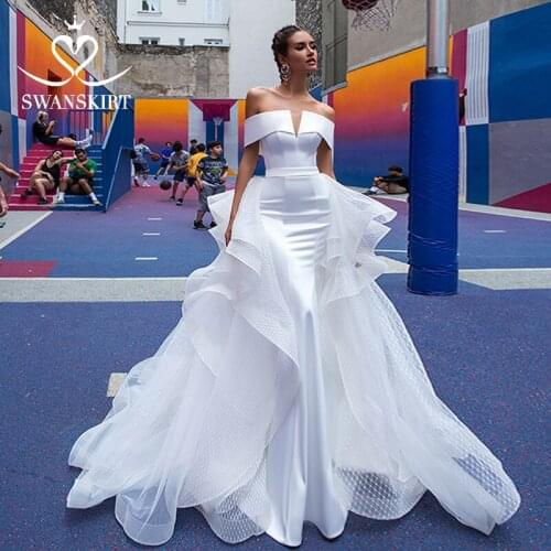 2 In 1 Detachable Train Wedding Dress 2021 Sleeveless Mermaid Off Shoulder Bride Gown Princess SwanSarah F139 Vestido De Noiva