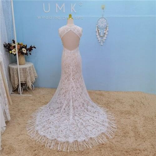 UMK Chic Tassel Boho Wedding Dress Sexy Lace Open Back Mermaid Bridal Gowns Bohemia