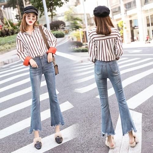 Slim Sexy Women Pant Irregular High-waist Nine-point Micro-flare Tight TrousersRipped Jeans Plus Size S-5XL Female Spring Summer
