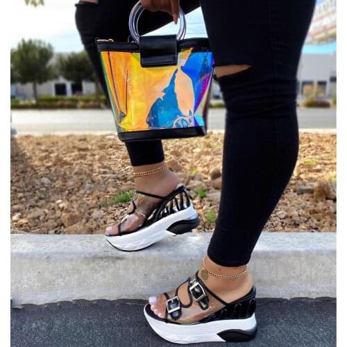 Spring Summer New 2020 Women Wedge Belt Buckle High Heel Large Size PVC Outdoor Casual Sandals, Candy-colored Travel Slippers Ms