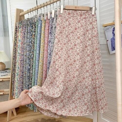 Elegant Midi Pleated Chiffon Skirt Women 2021 Summer Korean Mid-Length A line Floral High Waist Skirt Ladies Sweet Beach Skirts