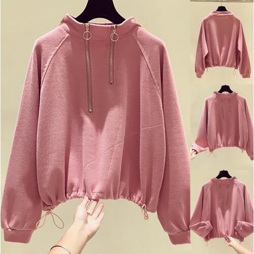 Women Stand-up Collar Solid Color Loose Coat Pullover Drawstring Half Zip Top hot