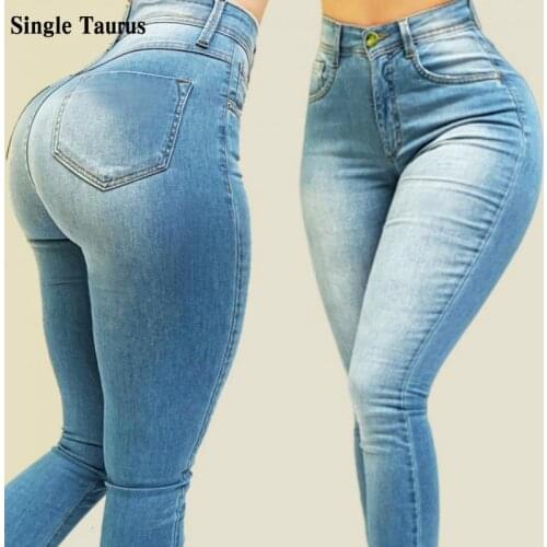 Womans High Waist Jeans Fashion Streetwear Casual Push Up Elasticity Slim Shaping Jeans Blue Denim Pants Clothes for Women 2021