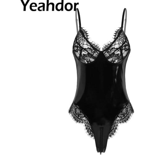 Women One-piece Wetlook Patent Leather Bodysuit Lingerie Lace See Through Cups Bra Crotchless Teddy Nightwear Erotic Underwear