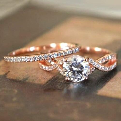 CAOSHI Aesthetic Elegant Women Set Ring Double Stackable Trendy Jewelry Rose Gold Color Dazzling Crystal Accessories for Wedding