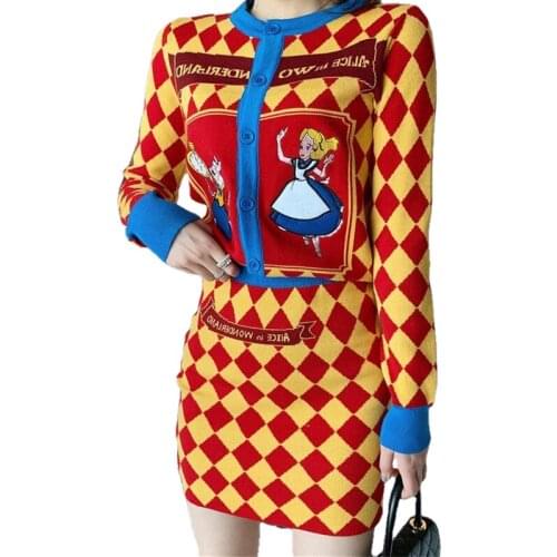 Autumn Knitted 2 Pieces Set Women Plaid Single Breasted Sweater Cardigan + Mini Bodycon Skirts Set Ladies 2PCS Suit