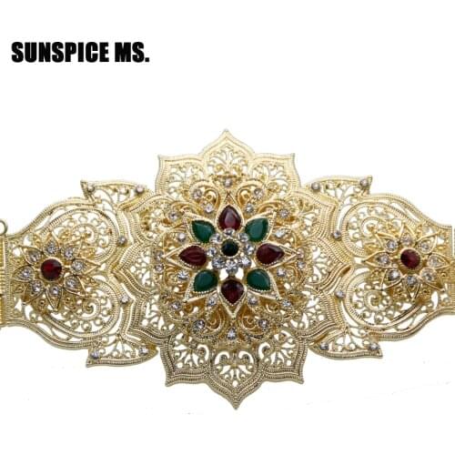 Sunspicems Moroccan Caftan Belt for Women Crystal Flower Wedding Jewelry Metal Link Chain Adjustable Length Wholesale